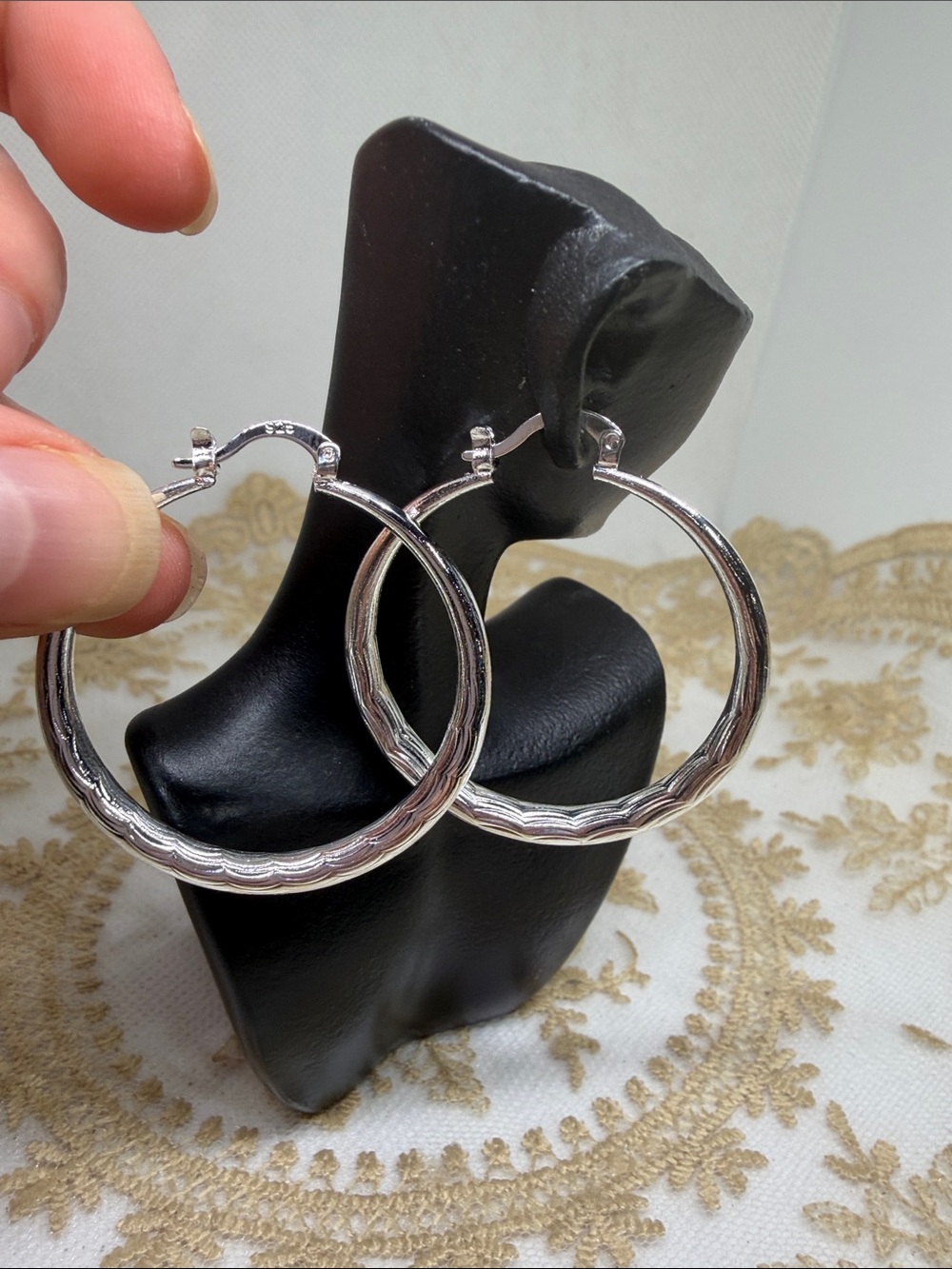 925 Sterling Silver 1.5” Wavy Textured Hoop Earrings Classic Clean Sculptural